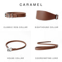 Four caramel brown leather dog collars and a coordinating lead shown on a white background under the heading 'CARAMEL'. The products are labelled Classic Dog Collar, Sighthound Collar, House Collar, and Coordinating Lead.