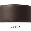 A close-up of a bespoke dark brown leather dog collar with visible stitching, made with fine Italian Calf leather, labelled 'MOCHA' below on a white background.
