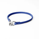 A BRIGHT BLUE handcrafted, fine leather house collar for dogs - a loose, leather dog collar for dog ID tags that can be worn at home to keep a tag on the dog.