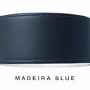A close-up of a bespoke DARK BLUE leather dog collar with visible stitching, made with fine Italian Calf leather, labelled 'MADEIRA BLUE' below on a white background.