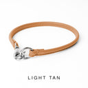 Bespoke Light Tan Leather ID Tag Collar with a silver coloured clasp, also known as a House Collar on a white back drop.