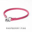 Bespoke Pink Leather ID Tag Collar with a silver coloured clasp, also known as a House Collar on a white back drop.