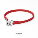 Bespoke Red Leather ID Tag Collar with a silver coloured clasp, also known as a House Collar on a white back drop.