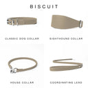 Four pale beige leather dog collars and a coordinating lead shown on a white background under the heading 'BISCUIT'. The products are labelled Classic Dog Collar, Sighthound Collar, House Collar, and Coordinating Lead.