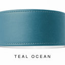 A close-up of a hand-crafted TEAL leather dog collar with visible stitching, made with fine Italian Calf leather in England, labelled 'TEAL OCEAN' below on a white background.