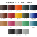 Colour chart for bespoke leather dog collars and leads showing 18 different leather colours,  labelled with their names, with a colour to suit every dog and every breed.