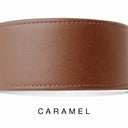 A close-up of a bespoke brown leather dog collar with visible stitching, made with fine Italian Calf leather, labelled 'CARAMEL' below on a white background.