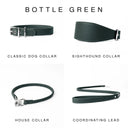 Four DARK GREEN leather dog collars and a coordinating lead shown on a white background under the heading 'BOTTLE GREEN'. The products are labelled Classic Dog Collar, Sighthound Collar, House Collar, and Coordinating Lead.