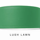 A close-up of a bespoke bright green  leather dog collar with visible stitching, made with fine Italian Calf leather, labelled 'LUSH LAWN' below on a white background.
