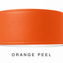 A close-up of a hand-crafted BRIGHT ORANGE leather dog collar with visible stitching, made with fine Italian Calf leather in England, labelled 'ORANGE PEEL' below on a white background.