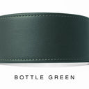 A close-up of a bespoke dark green leather dog collar with visible stitching, made with fine Italian Calf leather, labelled 'BOTTLE GREEN' below on a white background.