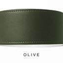 A close-up of a bespoke dark olive green leather dog collar with visible stitching, made with fine Italian Calf leather, labelled 'OLIVE' below on a white background.