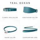 Four teal leather dog collars and a coordinating lead shown on a white background under the heading 'TEAL OCEAN'. The products are labelled Classic Dog Collar, Sighthound Collar, House Collar, and Coordinating Lead. Hand-crafted by Petiquette Collars in England for a quality leather dog collar that is made to last.