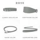 Four pale grey leather dog collars and a coordinating lead shown on a white background under the heading 'DOVE'. The products are labelled Classic Dog Collar, Sighthound Collar, House Collar, and Coordinating Lead.