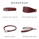 Four burgundy leather dog collars and a coordinating lead shown on a white background under the heading 'BORDEAUX'. The products are labelled Classic Dog Collar, Sighthound Collar, House Collar, and Coordinating Lead.