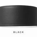 A close-up of a bespoke black leather dog collar with visible stitching, made with fine Italian Calf leather, labelled 'BLACK' below on a white background.