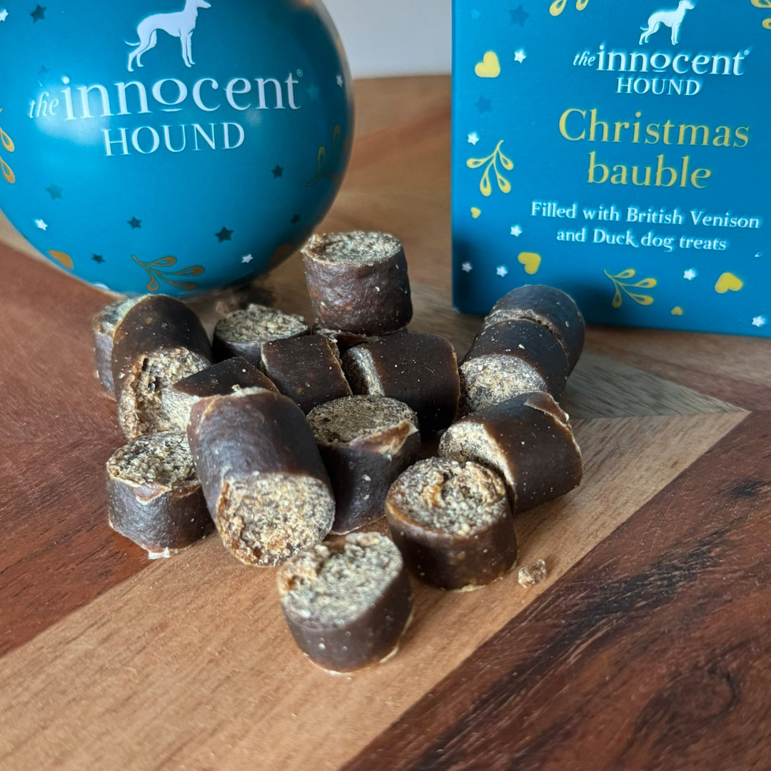 Dog Treat Christmas Bauble With Sliced Venison & Duck Sausages