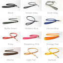 Picture showing multiple calf leather leads in the available colours taken on white backdrops. Handmade to order. 