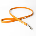 A close up of a calf leather dog lead in Orange Peel  taken on a white backdrop.  Handmade to order. 