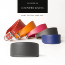 Bespoke leather sighthound dog collars in a variety of colours and sizes on a white backdrop with an "As seen in Country Living" press feature badge. 