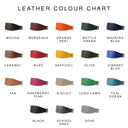 Colour chart for Leather Whippet Dog Collars in a grid format, with eighteen colours available to suit all breeds of dogs and all dog coat colours.