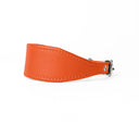 A BRIGHT ORANGE Leather Italian Greyhound Dog Collar, with a sighthound collar cut where the front is wider than the back. The Italian Greyhound Collar is handcrafted in England and made to last from fine Italian Calf Leather available in eighteen colours.