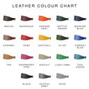 A colour chart for Leather Italian Greyhound Dog Collars made to order in eighteen different colours. The chart is structured as a grid with eighteen Italian Greyhound Dog Collars and a colour label for each.