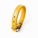 A BRIGHT YELLOW handcrafted leather puppy dog collar, made to order for the perfect fit for any puppy dog.