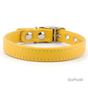 A classic style Leather Puppy Collar handmade to order for the perfect fit in calf leather shown in Daffodil.
