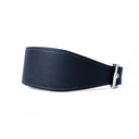 A DARK BLUE leather Whippet dog collar with silver coloured buckle, a sighthound collar cut that is wider at the front than at the back, the Whippet Dog Collar is made-to-order in England from fine Italian Calf Leather for a dog collar that is made to last. 