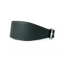 A DARK GREEN leather Whippet dog collar with silver coloured buckle, a sighthound collar cut that is wider at the front than at the back, The Whippet Dog Collar is made-to-order in England from fine Italian Calf Leather for a dog collar that is made to last. 