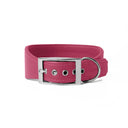 A RASPBERRY PINK leather Whippet dog collar with silver coloured buckle, a sighthound collar cut that is wider at the front than at the back, the Whippet Dog Collar is made-to-order in England from fine Italian Calf Leather for a dog collar that is made to last. 