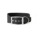 A black leather Whippet dog collar with silver coloured buckle, a sighthound collar cut that is wider at the front than at the back, The Whippet Dog Collar is made-to-order in England from fine Italian Calf Leather for a dog collar that is made to last. 