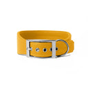 A bright yellow leather Whippet dog collar with silver coloured buckle, a sighthound collar cut that is wider at the front than at the back, The Whippet Dog Collar is made-to-order in England from fine Italian Calf Leather for a dog collar that is made to last. 