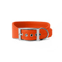 A bright orange leather Whippet dog collar with silver coloured buckle, a sighthound collar cut that is wider at the front than at the back, the Whippet Dog Collar is made-to-order in England from fine Italian Calf Leather for a dog collar that is made to last. 