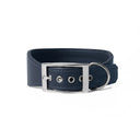 A DARK BLUE leather Whippet dog collar with silver coloured buckle, a sighthound collar cut that is wider at the front than at the back, the Whippet Dog Collar is made-to-order in England from fine Italian Calf Leather for a dog collar that is made to last. 