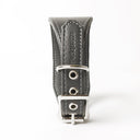 Another closeup picture showing a Whippet Collar detailing the stainless steel buckle. The handmade calf leather collar picture is taken on a white backdrop.
