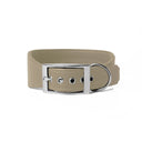 A pale beige leather Whippet dog collar with silver coloured buckle, a sighthound collar cut that is wider at the front than at the back, The Whippet Dog Collar is made-to-order in England from fine Italian Calf Leather for a dog collar that is made to last. 