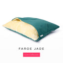Luxury dog snuggle bed in jade green with cream faux-fur lining
