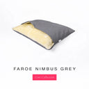 Made to last designer dog snuggle bed, a cabe bed style dog bed, with grey outer cover and plush, cream faux-fur lining