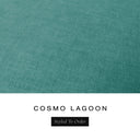 A fabric colour swatch of Cosmo, a premium upholstery-quality fabric used for Charley Chau's luxury donut dog beds, shown in deep teal green, with the text 'COSMO LAGOON' and a black 'Styled To Order' label below on a white background.
