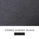 A fabric colour swatch of Cosmo, a premium upholstery-quality fabric used for Charley Chau's luxury donut dog beds, shown in charcoal black, with the text 'COSMO ALMOST BLACK' and a black 'Styled To Order' label below on a white background.