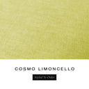 A fabric colour swatch of Cosmo, a premium upholstery-quality fabric used for Charley Chau's luxury donut dog beds, shown in zesty lime yellow, with the text 'COSMO LIMONCELLO' and a black 'Styled To Order' label below on a white background.