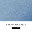 A fabric colour swatch of Cosmo, a premium upholstery-quality fabric used for Charley Chau's luxury donut dog beds, shown in mid denim blue, with the text 'COSMO BLUE JEAN' and a black 'Styled To Order' label below on a white background.