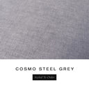 A fabric colour swatch of Cosmo, a premium upholstery-quality fabric used for Charley Chau's luxury donut dog beds, shown in cool steel grey, with the text 'COSMO STEEL GREY' and a black 'Styled To Order' label below on a white background.