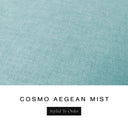 A fabric colour swatch of Cosmo, a premium upholstery-quality fabric used for Charley Chau's luxury donut dog beds, shown in pale aqua seafoam, with the text 'COSMO AEGEAN MIST' and a black 'Styled To Order' label below on a white background.