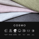 Five folded fabric swatches of Cosmo, a premium upgolstery quality fabric for Charley Chau luxury dog beds, in olive green, grey-taupe, dusty pink, light blue-gray, and charcoal with the word COSMO and feature icons below for upholstery quality with 100,000 rub test score, no harmful substances, cotton blend, soft to touch, machine washable and all season use.