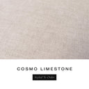 A fabric colour swatch of Cosmo, a premium upholstery-quality fabric used for Charley Chau's luxury donut dog beds, shown in pale limestone grey, with the text 'COSMO LIMESTONE' and a black 'Styled To Order' label below on a white background.