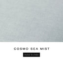 A fabric colour swatch of Cosmo, a premium upholstery-quality fabric used for Charley Chau's luxury donut dog beds, shown in pale sea-mist grey-green, with the text 'COSMO SEA MIST' and a black 'Styled To Order' label below on a white background.