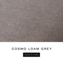 A fabric colour swatch of Cosmo, a premium upholstery-quality fabric used for Charley Chau's luxury donut dog beds, shown in warm taupe grey, with the text 'COSMO LOAM GREY' and a black 'Styled To Order' label below on a white background.